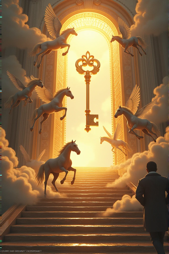 Heavens gate with stairs, horses flying, big key and angels flying