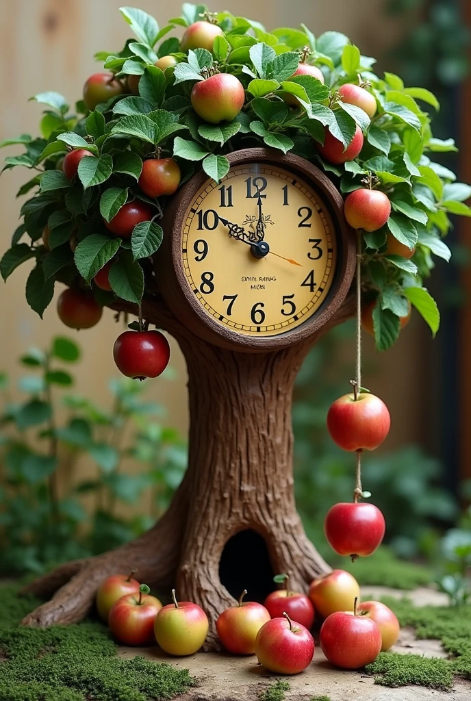 a clock in the shape of an apple tree that every time it strikes 12:00 p.M generates a juicy apple to eat