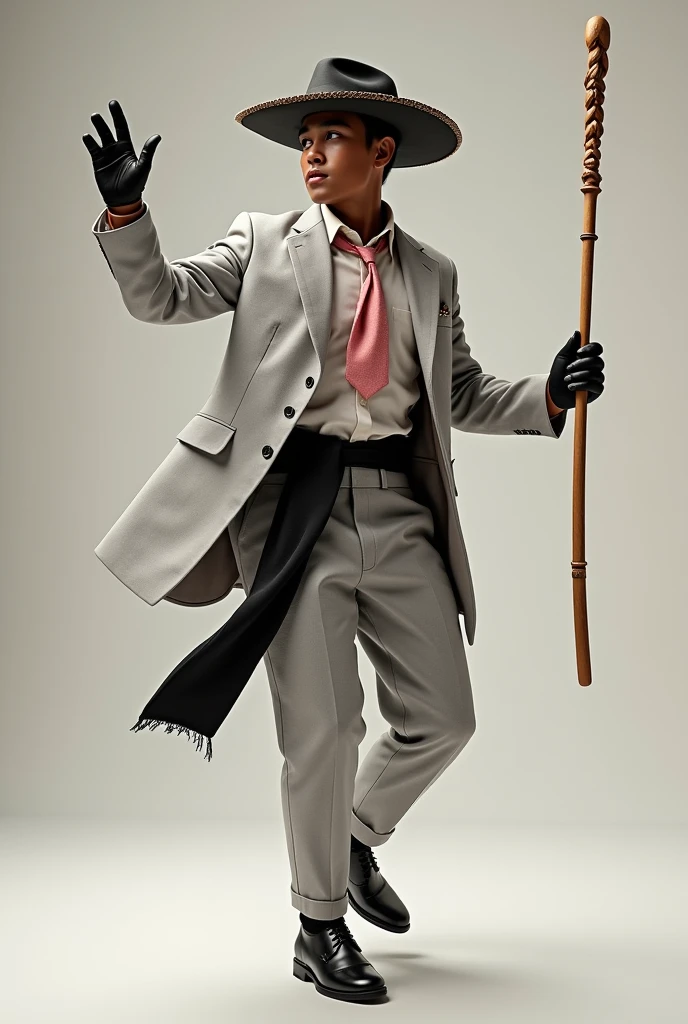 Young indigenous man dancing in a light grey suit, black hat with lead trim, baby pink tie, White shirt, and black scarf, black shoes and leather gloves. With a scepter in hand 