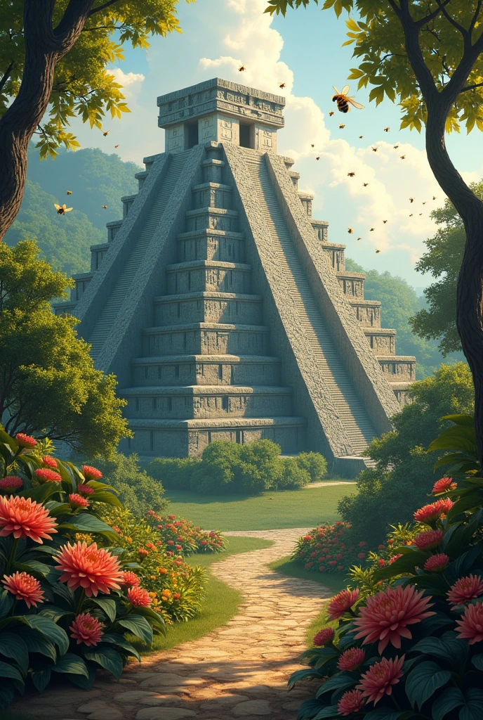 Pyramid Tikal (The great jaguar) Honey, bee, flores, Slogan "Honey of eternal spring"