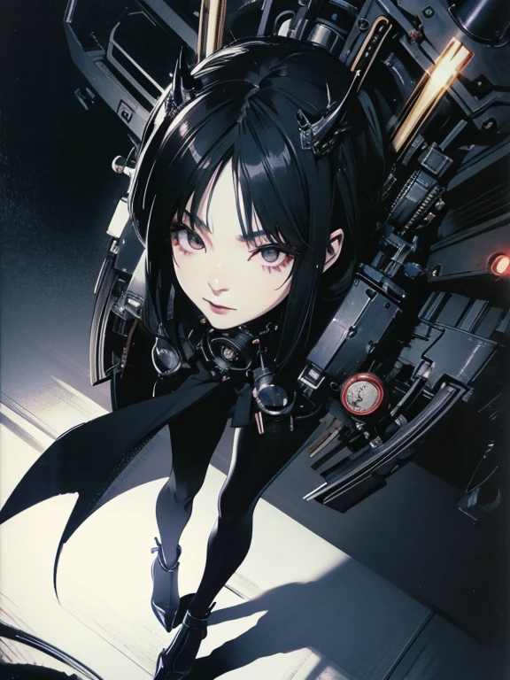 Black Hair、Cold look:1.5、Japanese woman in her 30s、Dark Background、One Cool Lady:1.5、night、Dark Eyes、Black gloves、Ominous Machine Lifeform、Nihil、Half of his body is made of machinery、Mechanical Man:1.5、Gothic Fashion:1.5、High heels、neutral。Mysterious Woman、Detailed face、japanese manga style、Top view:1.5、head