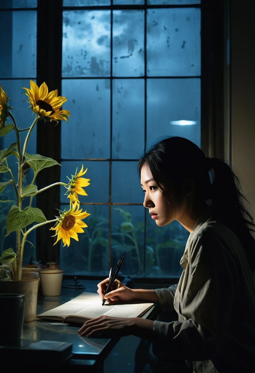 Botanist, Misaki Sato, 28, Japanese, long black hair in a messy bun, concentrated expression, observing mysterious rainbow-colored sunflowers under a microscope in a dimly lit laboratory, moonlight through a large window casting long shadows, state-of-the-art laboratory equipment scattered on a steel table, background Glowing computer screen, nearby half-empty coffee cup, clock shows 2:37 a.m.: clock showing 2:37 a.m., frosted glass door slightly ajar, silhouette of stranger seen through gap, tense air, orchid emitting faint bioluminescence, super-definition, cinematic lighting, shallow depth of field, suspense thriller atmosphere, 8K Ultra HD, --AR 16:9 --stylize 1000