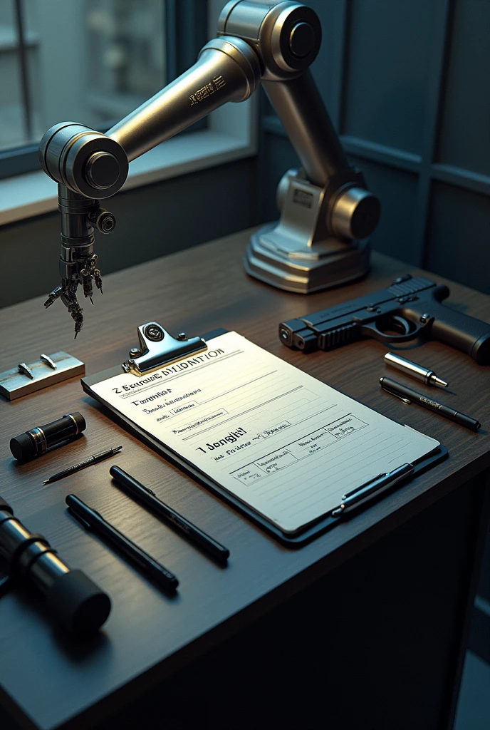 Clipboard on mission arm on a table with pens and a pistol next to it