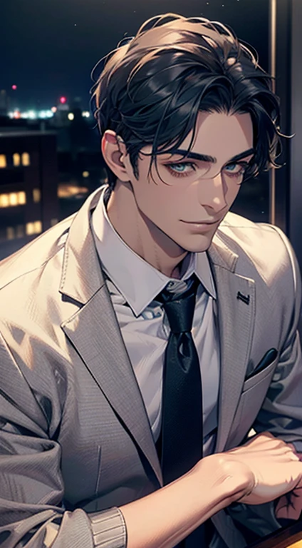 (Highest quality,4K,8K,High resolution,masterpiece:1.2),Super detailed,(Realistic,photoRealistic,photo-Realistic:1.37),1 personld,Mature Men,Beautiful skin、very handsome,Expressionless smile in love,Short blue hair,green eyes,Sharp Eyes,A perfect face without a doubt,Businessman, CEO, Office Background,Cinema Lighting,HDR image,tie、
