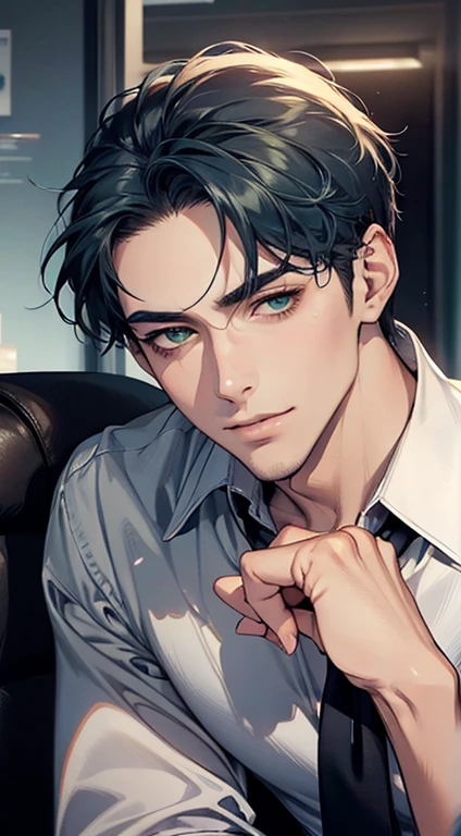 (Highest quality,4K,8K,High resolution,masterpiece:1.2),Super detailed,(Realistic,photoRealistic,photo-Realistic:1.37),1 personld,Mature Men,Beautiful skin、very handsome,Expressionless smile in love,Short blue hair,green eyes,Sharp Eyes,A perfect face without a doubt,Businessman, CEO, Office Background,Cinema Lighting,HDR image,tie、