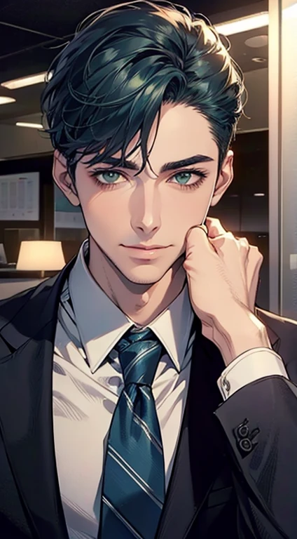 (Highest quality,4K,8K,High resolution,masterpiece:1.2),Super detailed,(Realistic,photoRealistic,photo-Realistic:1.37),1 personld,Mature Men,Beautiful skin、very handsome,Expressionless smile in love,Short blue hair,green eyes,Sharp Eyes,A perfect face without a doubt,Businessman, CEO, Office Background,Cinema Lighting,HDR image,tie、