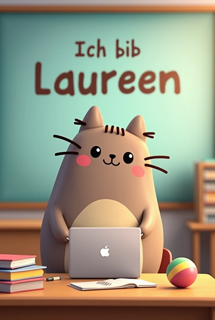 Create an image of a young female teacher depicted as the character Pusheen, sitting in a B2 German language class. She is seated at a desk with a silver MacBook, a few books, and a medium-sized colorful ball on the desk. Behind her is a large electronic smartboard displaying the text in deutsch Ich bin Laureen.
