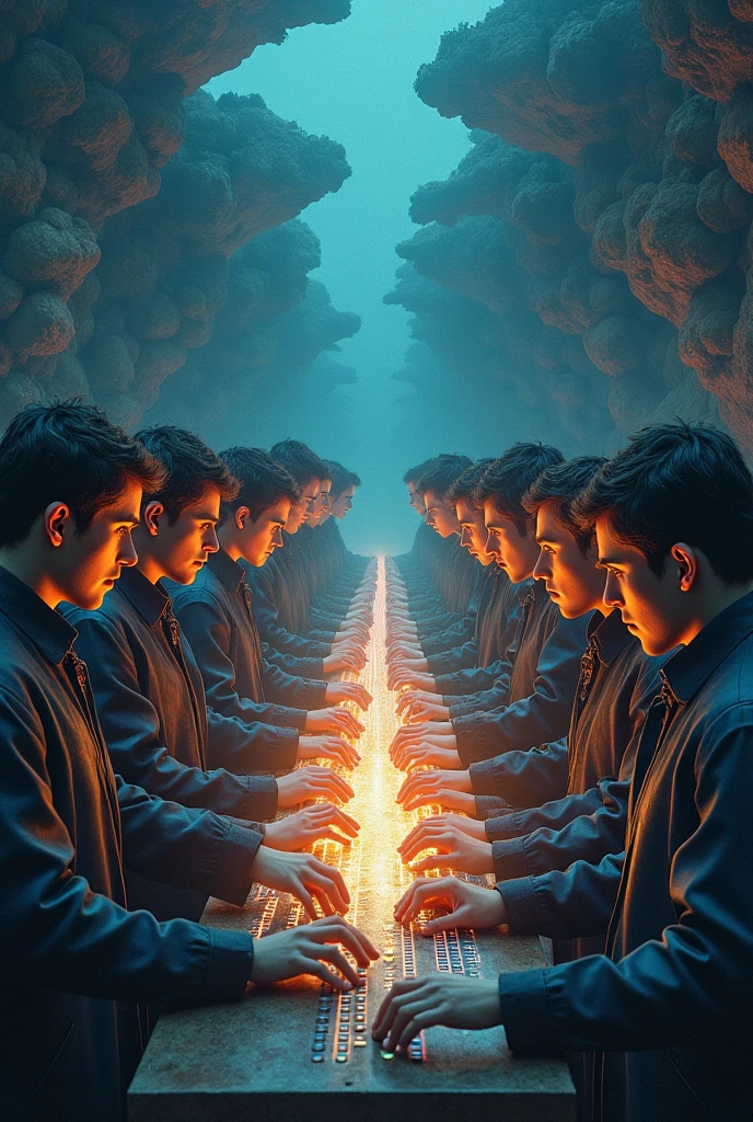 Beautiful surreal programming scenery, 100 men facing a computer and display, Men are touching the keyboard, The image is a true surrealist digital work of art, Inspired by the magical work of Maxim Verekin. Every detail of the illustration is impressive, With vivid colors and captivating textures that catch the eye of the viewer. The portrait captures the essence of the flower storm, Emotional blend of fantastic and natural elements. Through photographic manipulation and surrealist techniques, Portraits come to life, Beyond the boundaries of reality、Take the audience into a universe of imagination and wonder. Style refers to the influence of Alexander Jansson, In a fantastic dreamlike atmosphere, Where Surrealism and Fantasy Meet. Each digital brush stroke is、Carefully crafted to convey unique and captivating beauty. Inspired by Alberto Seveso, The depiction of surrealism is、Fluid strokes bring them to life, Remembering the dance of movement and transformation. This beautiful digital art is、It is a celebration of human creativity and the ability to transcend the boundaries of reality, Invites viewers to immerse themselves in a world of imagination and enchantment.