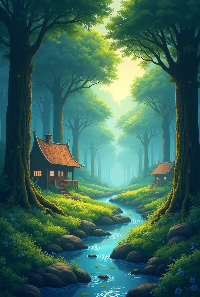 imagine prompt: Viral anime nature wallpaper in 4K quality, in the style of digital illustration inspired by Hayao Miyazaki, featuring a serene forest with towering ancient trees, dappled sunlight filtering through the leaves, a gentle stream flowing through the scene, and mystical creatures peeking from behind the foliage; vibrant and warm color temperature, cosmos lighting with stars twinkling in the sky, no human characters, the atmosphere is tranquil and enchanting-v5 --stylize