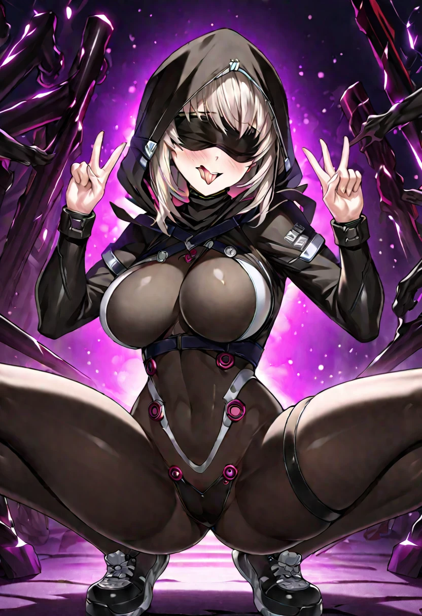 (((hands_up, double piece_sign, double_v:1.1, two up fingers))), hood, jacket, body suit, black clothes, black wear, (((black tights))), weapon, cowboy shot, (((blindfold))), beautiful face, masterpiece, super fine illustration, ultra high res, masterwork, best quality, cg unity 8k wallpaper, official art, ultra detailed, squatting, full face blush, smile broadly, evil smile, fucked silly, vulgarity, rape face, open legs, groin, spread legs, head to toe, super detailed skin, open mouth, stick out tongue, long tongue, tongue out, tongue, gleaming skin, oil skin, shiny skin, breasts, shoes, groin focus, happy, perfect hands, perfect fingers, five fingers, bangs, perfect anatomy hands, beautiful hands, beautiful fingers, fingertip, clothed, back shot, ass tights, ass line,