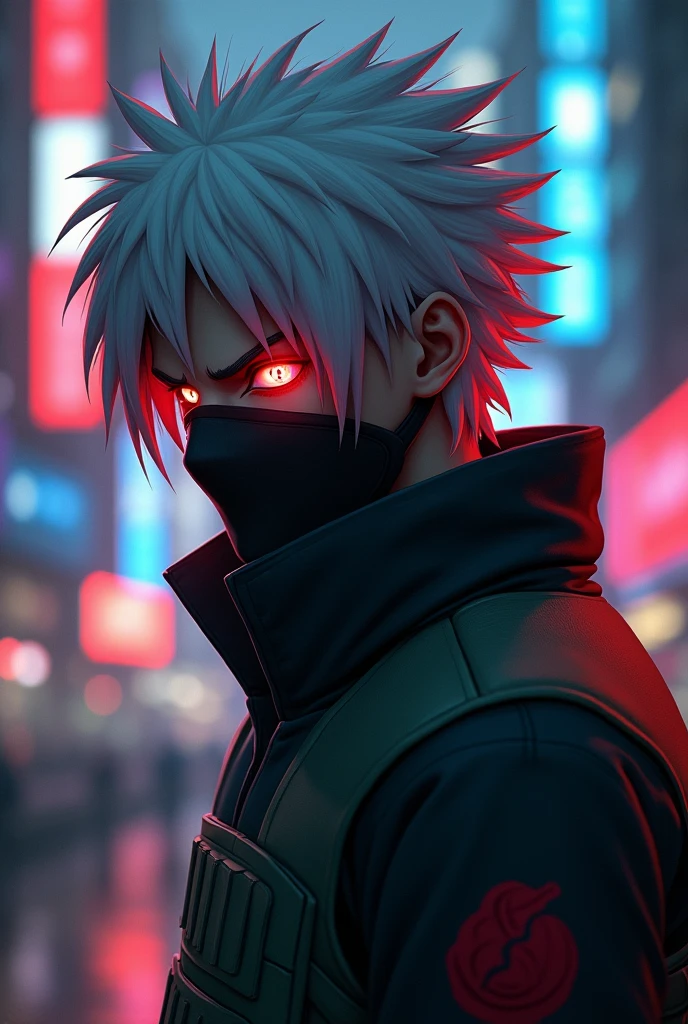 Kakashi hatake in chicago , angry mood ,half photo , only one eye is red with cut on that eye, white hair , realistic red and blue light, cyberpunk