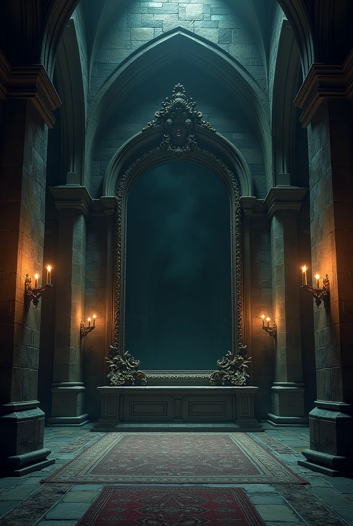 interior of a spooky castle with a large mirror in the background
