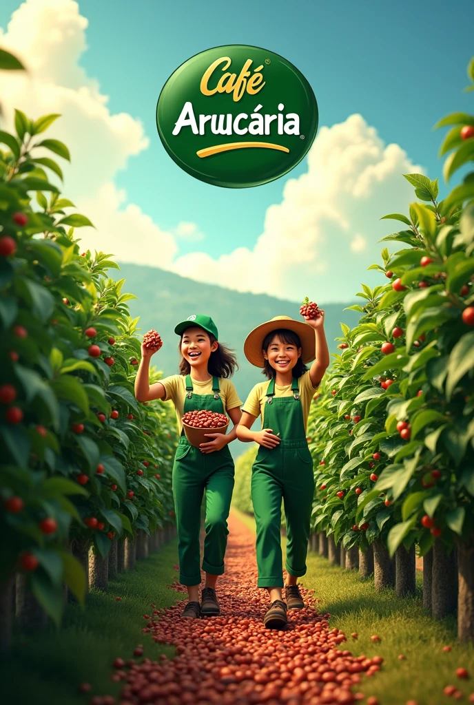 Coffee harvest with happy workers in green uniforms and a “Café Araucária” brand logo in the sky 