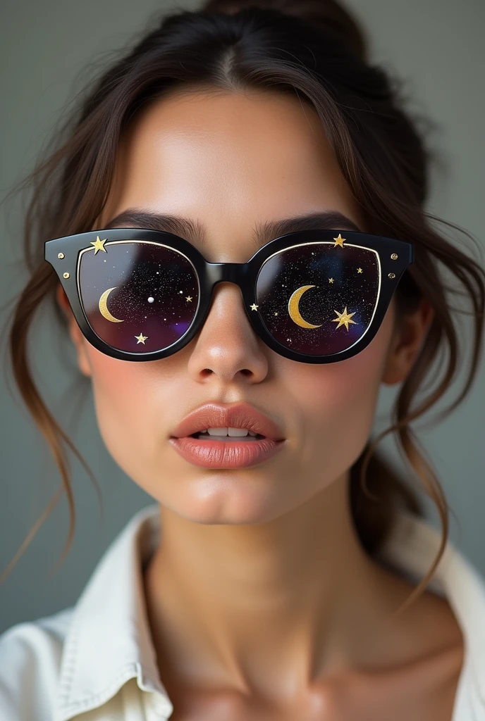 The model is wearing glass sunglasses with stars and the moon on the glass
