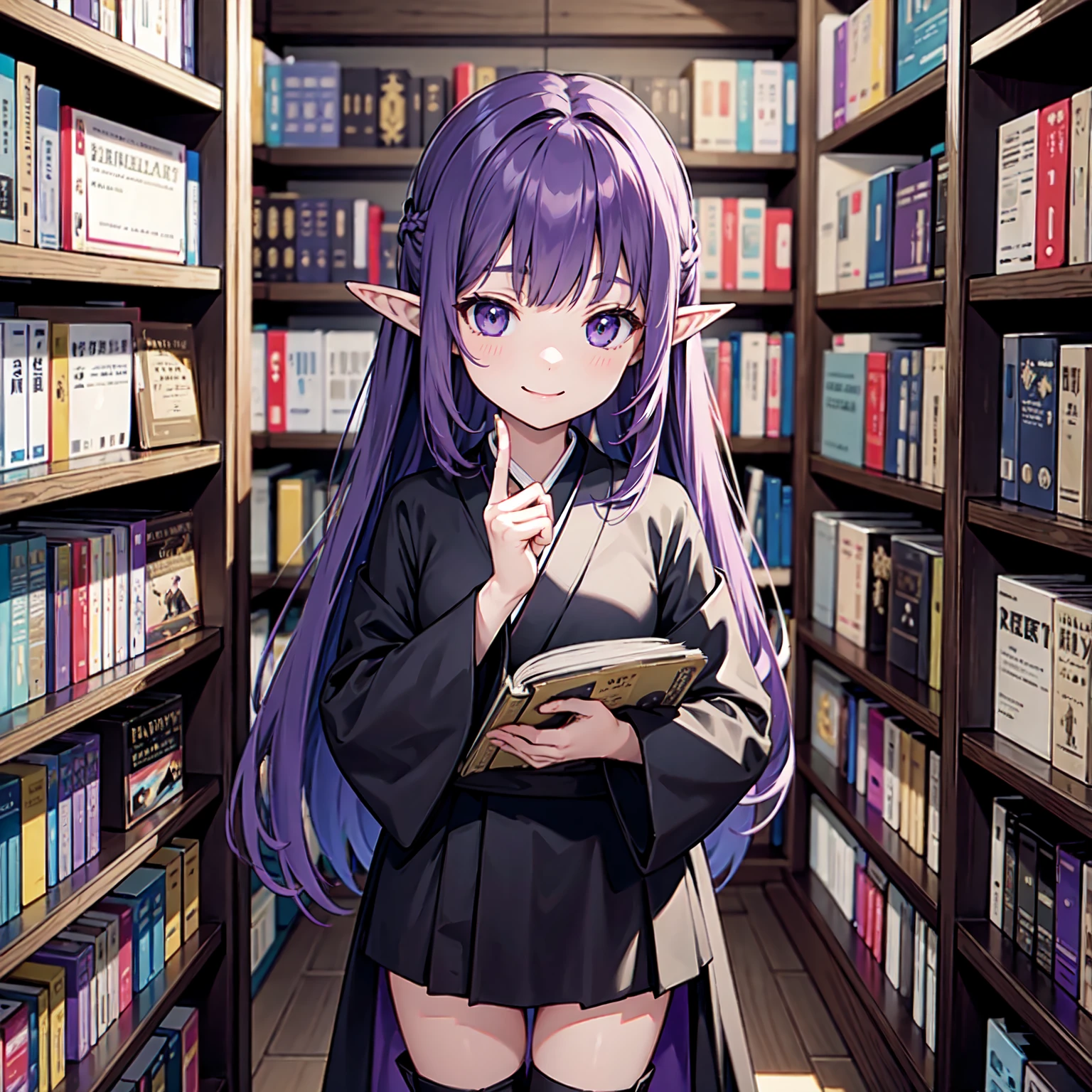 Library at night, dimly lit. Night. No windows. A girl grabs a book from the bookshelf. She fishes through the bookshelf. Which book shall I choose? A happy smile. Her eyes are on the book. Nostalgic. Purple hair. A girl with long purple hair. Pointy elf ears. Her clothes are simple: a black robe with wide sleeves and a black miniskirt. Knees showing. V-shaped white inserts on the front like a kimono. Black boots. Standing figure. Lots of bookshelves lined up. She is selecting a book in a row. Her eyes are on the bookshelves.
