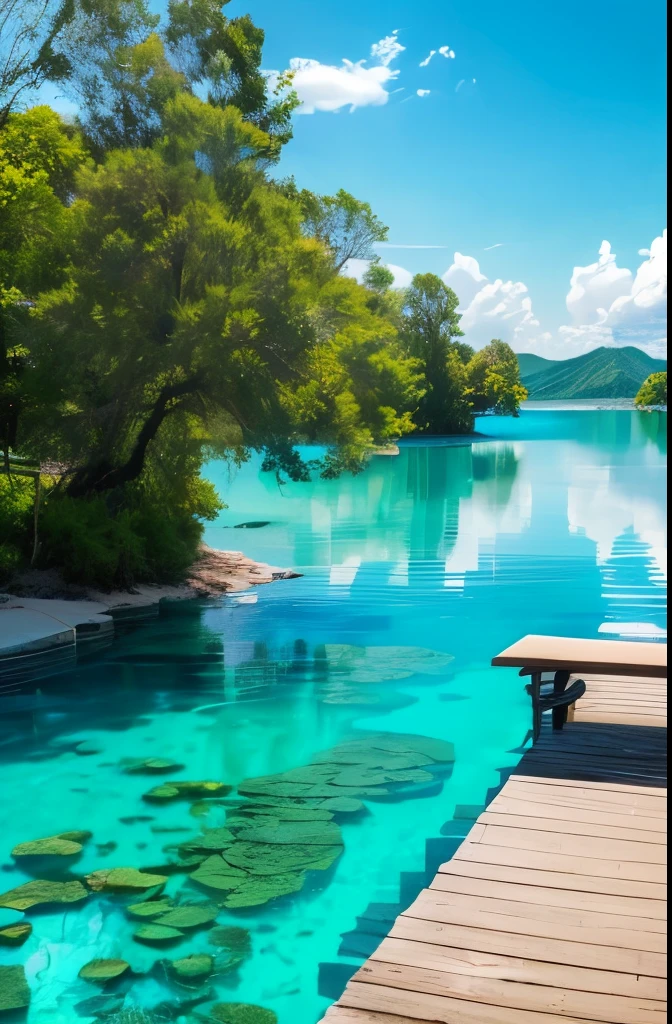 trees are growing near the water and a bench is near the water, turquoise water, blue and green water, blue waters, puddles of turquoise water, azure water, green waters, river with stunning water, clear blue water, beautiful lake, lake blue, very very beautiful scenery, crystal clear blue water, azure blue water, sapphire waters below