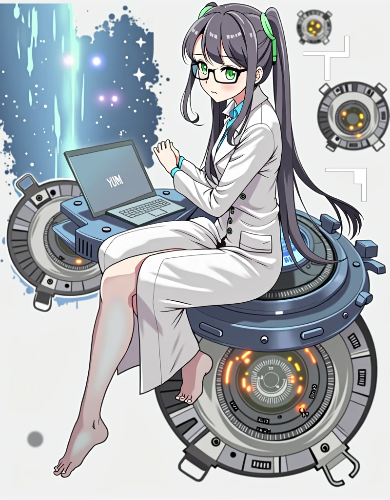 anime girl wearing glasses with ponytails sitting on machine with laptop and space in background, (ponytail forehead hair pulled back:1.3), (black hair:1.3), anime girl of the future, alchemist girl, labcoat, portrait anime space cadet girl,anime style, from girls frontline, fine details. girls frontline, girls frontline universe, girls frontline style, girls frontline, girls frontline cg, soft anime illustration, 2 0 2 2 anime style, 2022 anime style, pixiv contest winner, pretty anime character design, render of april Estimate