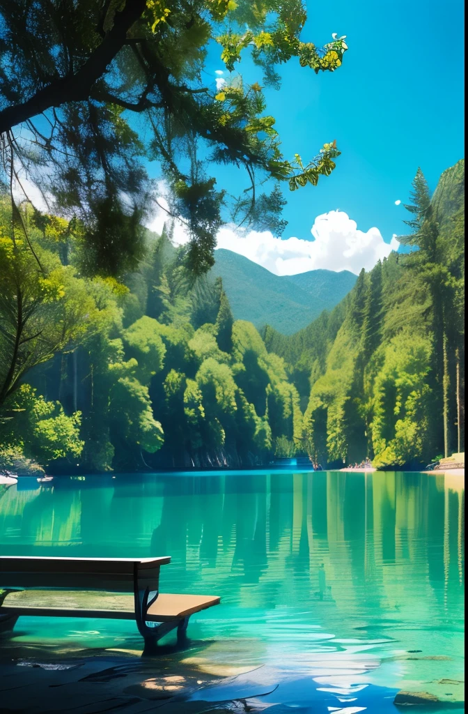 trees are growing near the water and a bench is near the water, turquoise water, blue and green water, blue waters, puddles of turquoise water, azure water, green waters, river with stunning water, clear blue water, beautiful lake, lake blue, very very beautiful scenery, crystal clear blue water, azure blue water, sapphire waters below