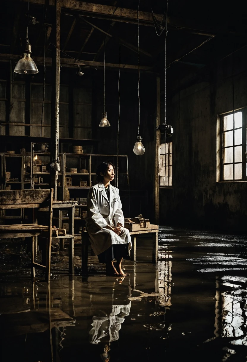 Inside a warehouse, high ceiling with exposed beams, dusty light coming through a window, Misaki tied to a wooden chair in the center, spotlight from a hanging bulb, determination on her bruised face, dirty lab coat, sweat beading on her forehead, rope digging into her wrists, dark silhouette of a man holding a gun, old machines and wooden boxes casting ominous shadows, puddles on the concrete floor reflecting light, dripping water in the distance, rats running in the corner, tension in the air, high-contrast noir lighting. and crates cast ominous shadows, puddles on concrete floor reflecting light, distant dripping sound, rats running around in corner, tension in air, high contrast noir lighting, hard textures, thriller film stills, ultra detailed, 8K --AR 16:9 --stylized 1000