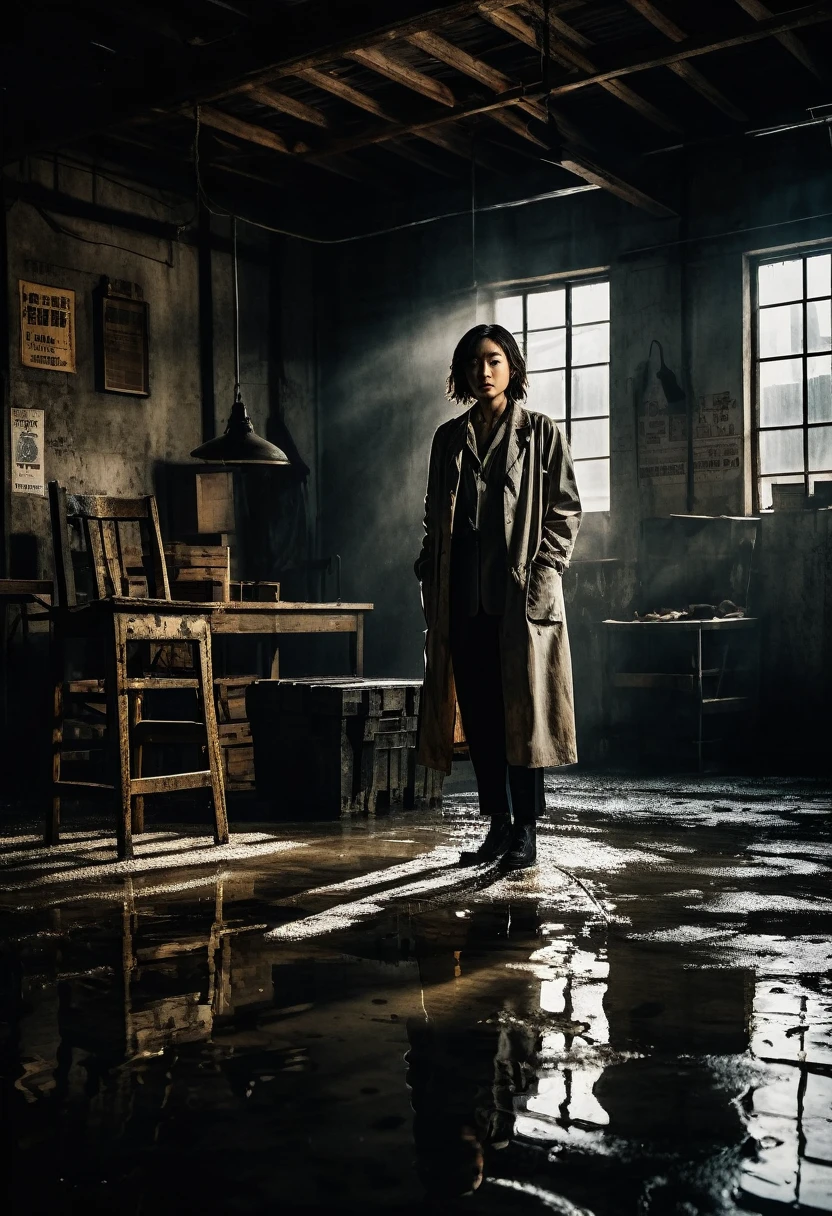 Inside a warehouse, high ceiling with exposed beams, dusty light coming through a window, Misaki tied to a wooden chair in the center, spotlight from a hanging bulb, determination on her bruised face, dirty lab coat, sweat beading on her forehead, rope digging into her wrists, dark silhouette of a man holding a gun, old machines and wooden boxes casting ominous shadows, puddles on the concrete floor reflecting light, dripping water in the distance, rats running in the corner, tension in the air, high-contrast noir lighting. and crates cast ominous shadows, puddles on concrete floor reflecting light, distant dripping sound, rats running around in corner, tension in air, high contrast noir lighting, hard textures, thriller film stills, ultra detailed, 8K --AR 16:9 --stylized 1000