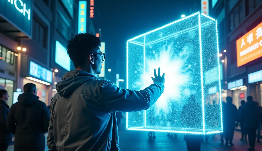 far-shot camera, Asian 5 male character stands in front of a giant cube hologram logo with the words "UrBox" in the wide growded street, character touch the hologram, The hologram logo explodes and emits an all-encompassing blue light. Outfit: Silver jacket, wear glass, strong gestures. Setting: Small alley between cyberpunk buildings. Lighting: Dark colors, faint blue lights from billboards. Effects: LED strips on the device gradually glow. Special: The scene evokes a sense of suspense and anticipation.