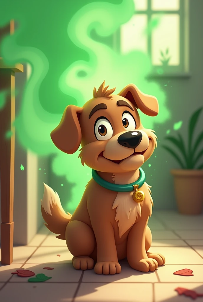 A brown dog making fart color green for his fail