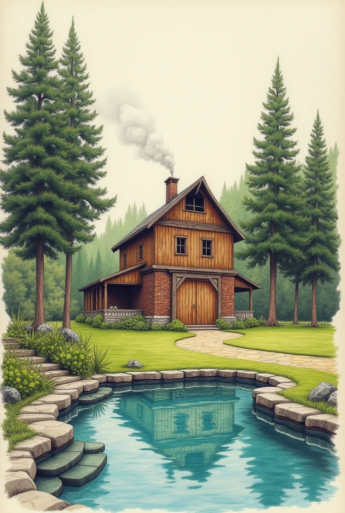 Draw in pencil as if you were a a two story wooden and brick barn with a green yard, 5 pines and a pool