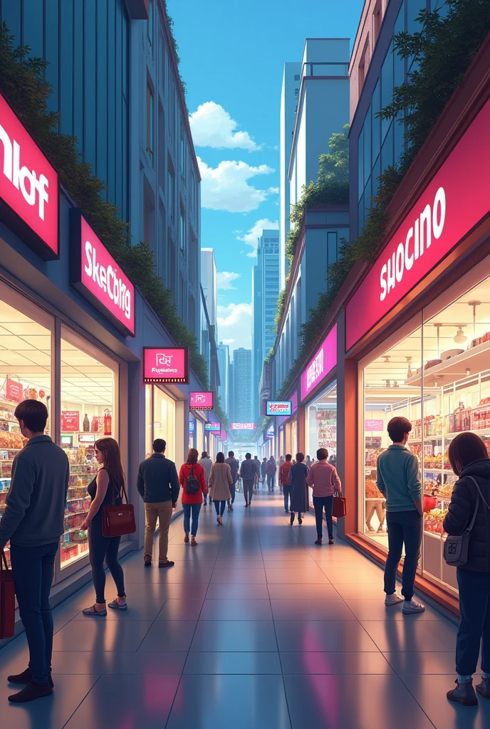On one side of the image a shopping center offering products with their prices