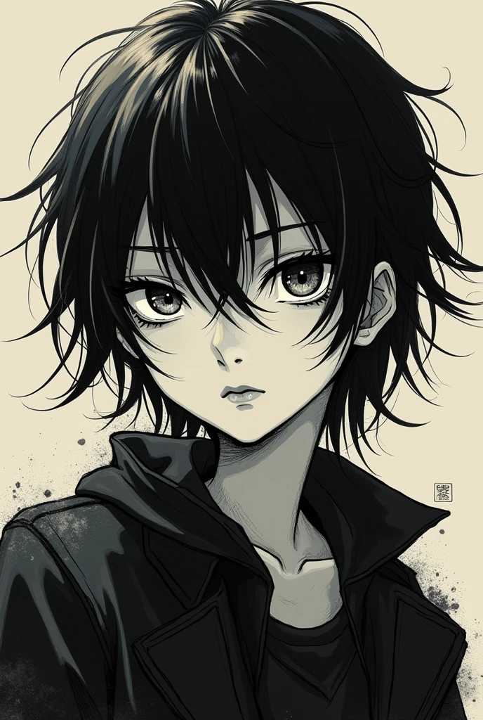 Hazme una imagen de un chico tipo Y2K, grunge emo of someone with the pum pum face from the oyasumi pumpum manga with black hair and blonde highlights and in the style of death note in black and white, old manga type, meme type cybersigilism type, abstract, manga, Y2K, man