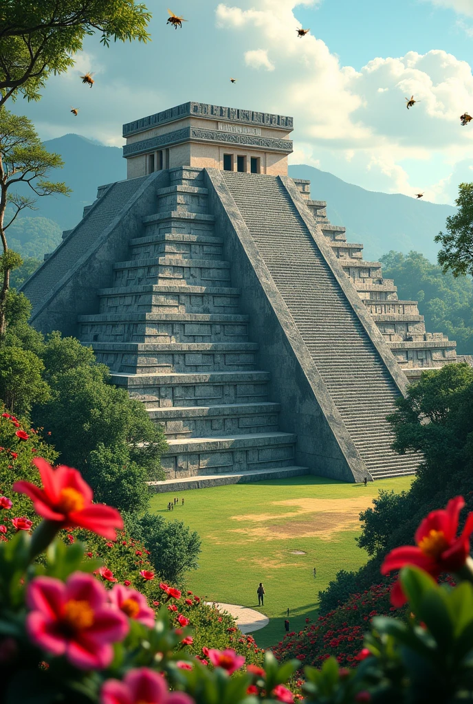piramide maya, the great jaguar guatemala with bees and flowers