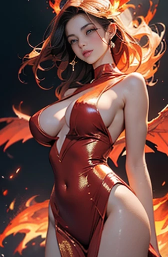 ((masterpiece, highest quality, Highest image quality, High resolution, photorealistic, Raw photo, 8K)), ((Extremely detailed CG unified 8k wallpaper)), (huge stunning goddess shot, very hot and sexy, jaw-dropping beauty, perfect proportions, beautiful body, slim body beauty:1.4), A beautiful phoenix empress, fiery red hair, gazing into the camera with shimmering eyes, surrounded by flames, fire sparks popping, huge wings of fire, wearing a red and gold dress made of flames,