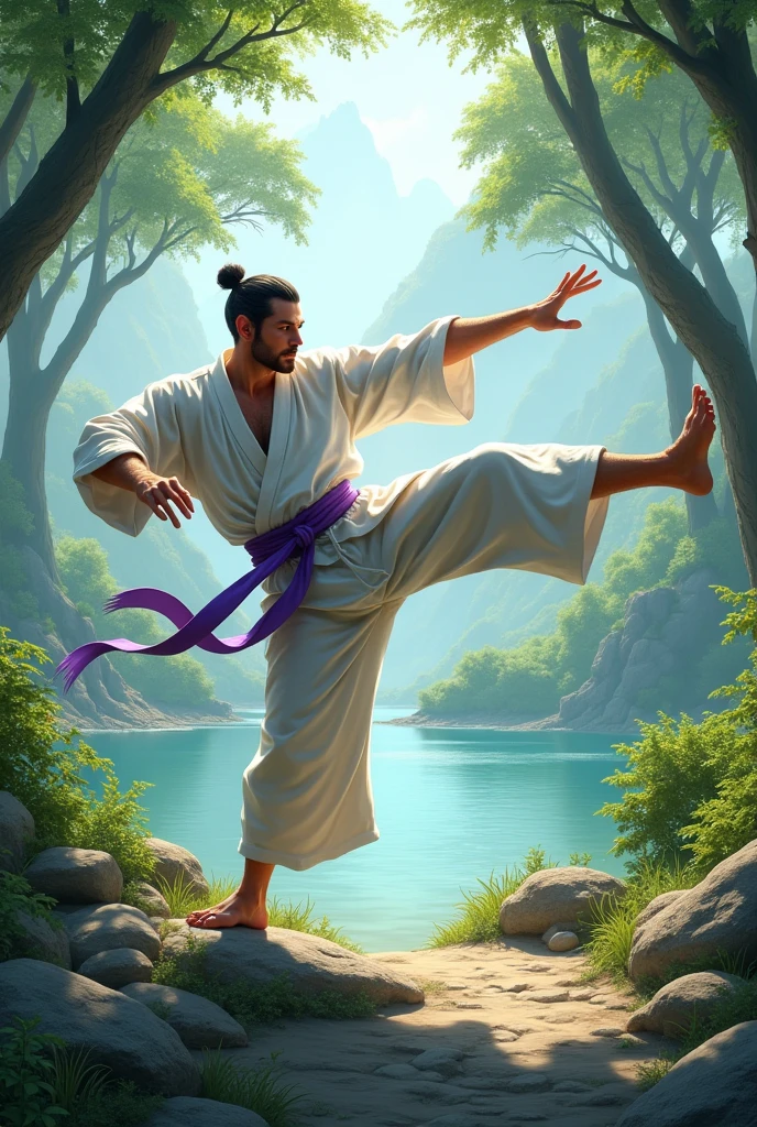 white male, shorth hair, with beard, wearing white kimono with purple belt. He is kicking a punch in a natural landscape.