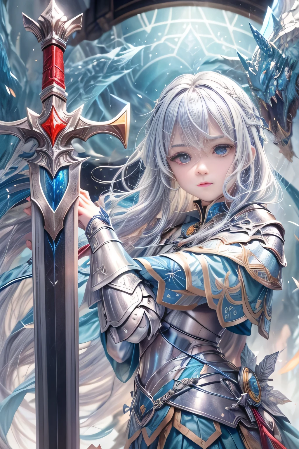 A female knight recognized by the legendary holy sword Excalibur、With the protection of the spirit of light, it emits an aura of light.、8k.Half Russian and half Japanese、Russian face、beautiful girl、A princess with the title of Dragon Slayer、、Small face、Young face、Big eyes、Skinny、Small breasts、(((Silver Hair、Silver Hair)))、With bangs、(((High resolution big beautiful light blue glowing eyes, )))、Shortcuts、Bobcut、(((Red ribbon in hair、Floral decoration)))、Partially braided、Transforms into an armored knight at the call of the holy sword Excalibur.、Large sword、A holy sword that emits a pale blue light、((god々He holds up his sword, shining a deep blue, to the sky.))、god々A sword that shines brilliantly、Shield of Light、Armor of Light、fantasy landscape、Fantasy、(Battle with the Dark Knight、Fighting the Demons、Fighting the beastmen)A dragon knight riding a flying dragon through the sky、The sword swings down, leaving a trail of light in its wake.