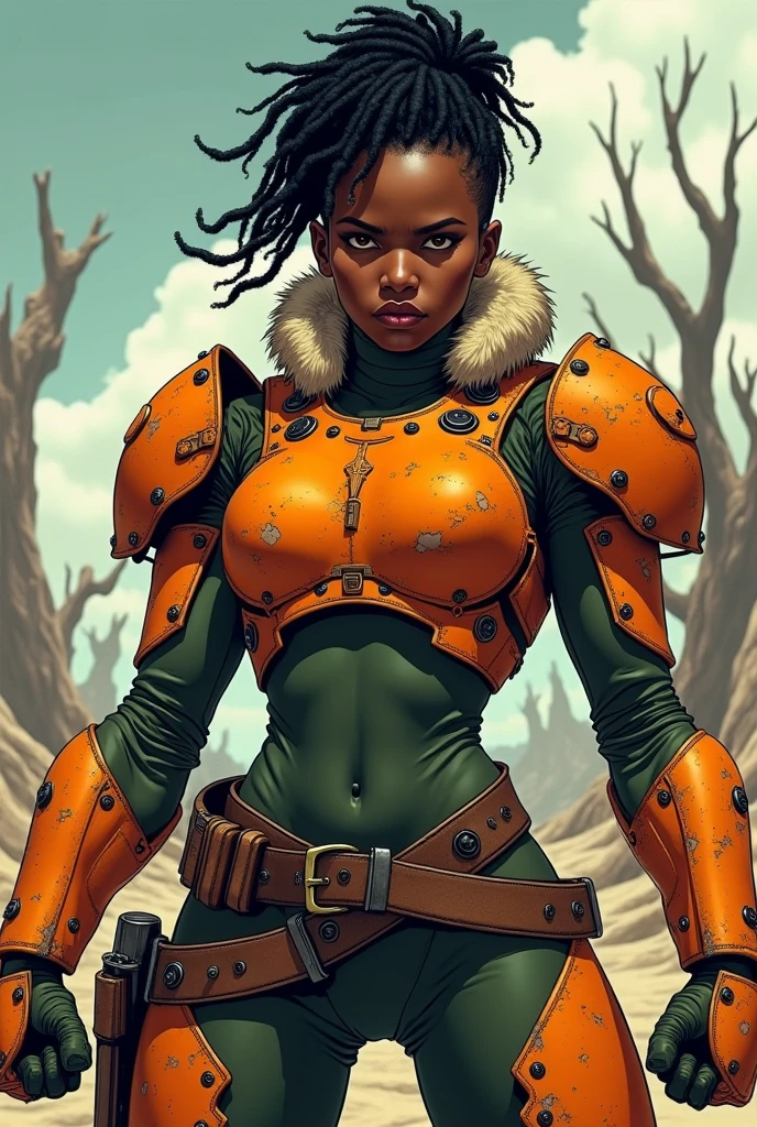in a dramatic comic book style, richly detailed, cell shading create an illustration of a full body image of African woman with (short black dreadlocks), short black hair pulled back, wearing a (heavy orange mechanical armor:1.3), chipped paint (orange power armor covering her chest and arms), (orange breast plate:1.1) with large (round orange shoulder pads:1.1), fur trim, dark green tight undersuit. dark skin. (barbarian fur trim:1.3), (fur belt, fur boots). Badlands background with dead trees. super high quality, masterpiece, 4k, 8k, HDR, masters of the universe. Frowning expression, serious expression, glaring at the camera, (deep fighting stance,martial arts).