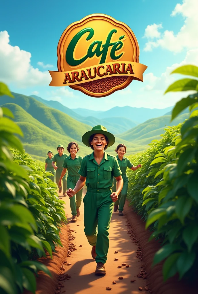 Coffee harvest with happy workers in green uniforms and a “Café Araucaria” brand logo in the sky 