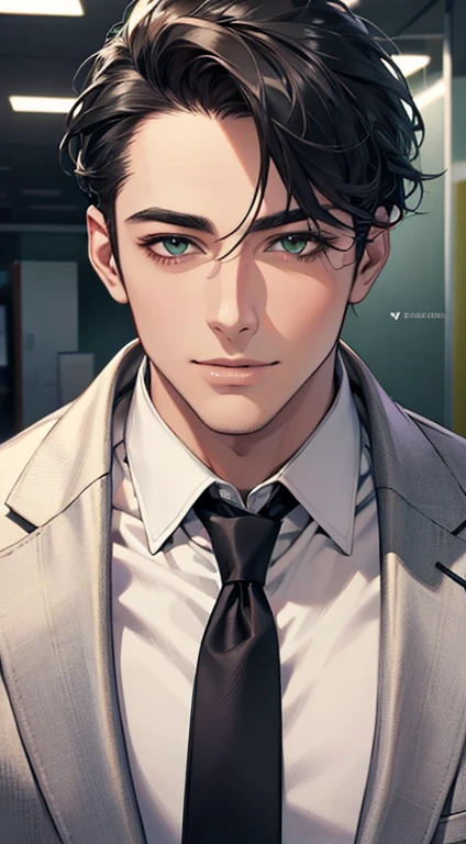 (Highest quality,4K,8K,High resolution,masterpiece:1.2),Super detailed,(Realistic,photoRealistic,photo-Realistic:1.37),1 personld,Mature Men,Beautiful skin、very handsome,Expressionless smile in love,Short gray Black hair,green eyes,Sharp Eyes,A perfect face without a doubt,Businessman, CEO, Office Background,Cinema Lighting,HDR image,tie、