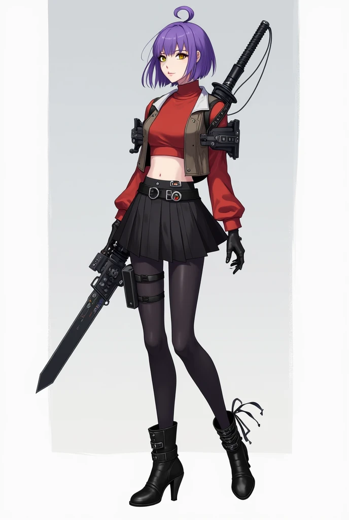 I want an image with the following characteristics.
Girl with purple hair that reaches her shoulders with some of her hair tied in a ponytail, a small vest that reaches his ribs, below that a long-sleeved red sweater, tight skirt in the area of her legs black tights, long boots that reach 5 centimeters below his knees and a bionic eye in his left eye and his right eye that are green, hook weapons on his right leg, a sword on her back and I want her full body