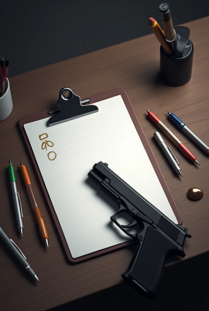 Clipboard on a table with pens and a gun next to it
