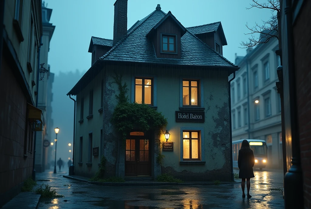 symmetrical image, rule of thirds, old europe street, midnight, harry potter 1 style color, small cracked hostel building, two floors, mossy, cracked roof, crime street, poor people, cat, text says "HOSTEL BAIRON", hostel sandwitched beetween two high buildings, old london style, light rain, moon, megapolis blurred lights on background, tourist bus driving away, girl standing close on right silloutte