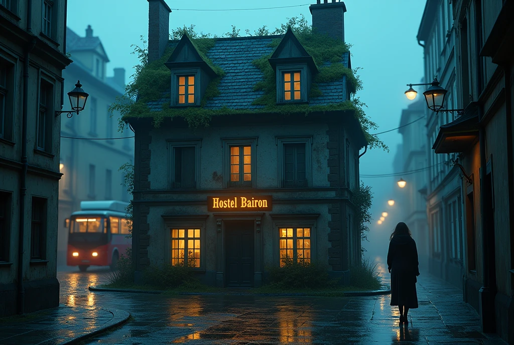 symmetrical image, rule of thirds, old europe street, midnight, harry potter 1 style color, small cracked hostel building, two floors, mossy, cracked roof, crime street, poor people, cat, text says "HOSTEL BAIRON", hostel sandwitched beetween two high buildings, old london style, light rain, moon, megapolis blurred lights on background, tourist bus driving away, girl standing close on right silloutte