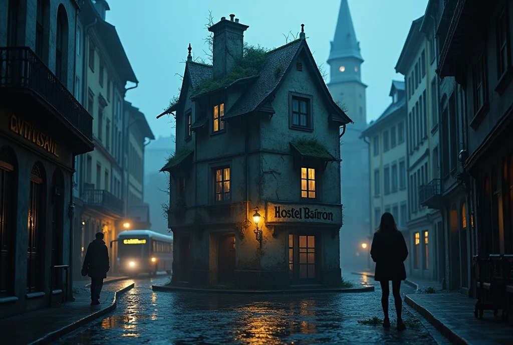 symmetrical image, rule of thirds, old europe street, midnight, harry potter 1 style color, small cracked hostel building, two floors, mossy, cracked roof, crime street, poor people, cat, text says "HOSTEL BAIRON", hostel sandwitched beetween two high buildings, old london style, light rain, moon, megapolis blurred lights on background, tourist bus driving away, girl standing close on right silloutte