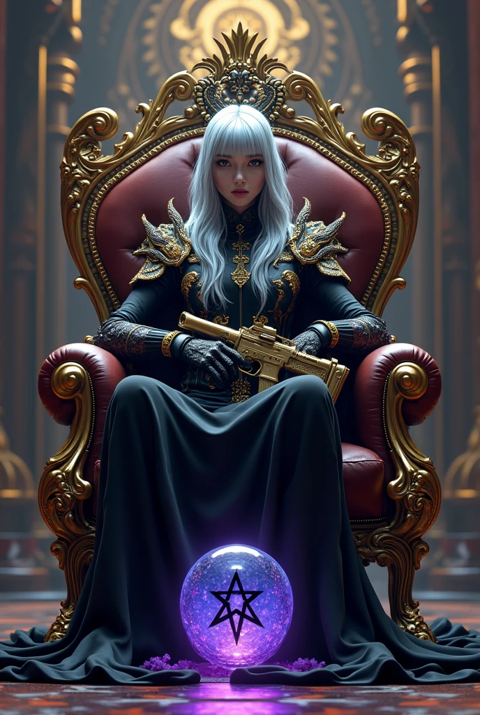 Surreal Very detailed Ultra Fantasy Ultimate Details Ultra-high resolution 8K 32k 3D Clear Eyes Silver Hair Sit on a chair A hawk sits on a skull Holding a mysteriously designed shotgun in his right hand Assassin Dragon shoulder pads mechanical engineering Mechanic Art . intricate and elaborate design, money, gold Silver Silver Red Black-purple Dynamic pose Cinema Lighting Demonic Spell Aura Sit on a chair Magic circle design A large, luxurious amulet made of gold Vivid Color Holding a mysterious shotgun in his right hand Girl Place a round, glowing, blue-purple crystal with a pentagram symbol on your lap A gorgeous, devilish and cool tiara The ultimate mysterious design Satanism Demonic Armor Shooting from an angle Mysterious Chair