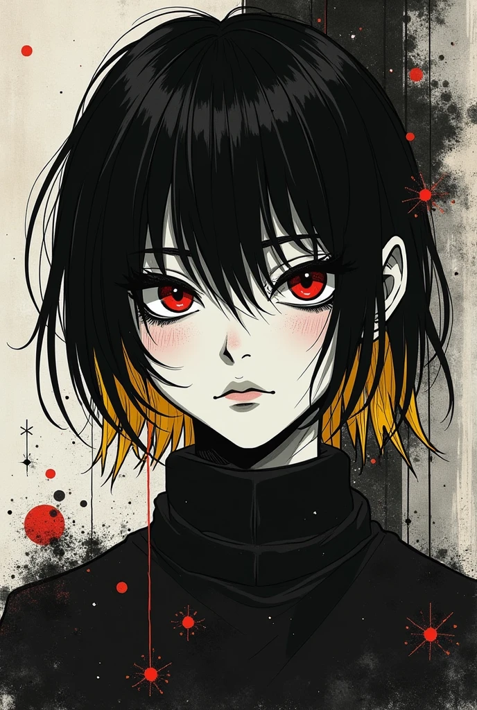 Hazme una imagen de un chico tipo Y2K, grunge emo of someone with the pum pum face from the oyasumi pumpum manga with black hair and blonde highlights and in the style of death note in black and white, old manga type, meme type cybersigilism type, abstract, manga, Y2K, red man