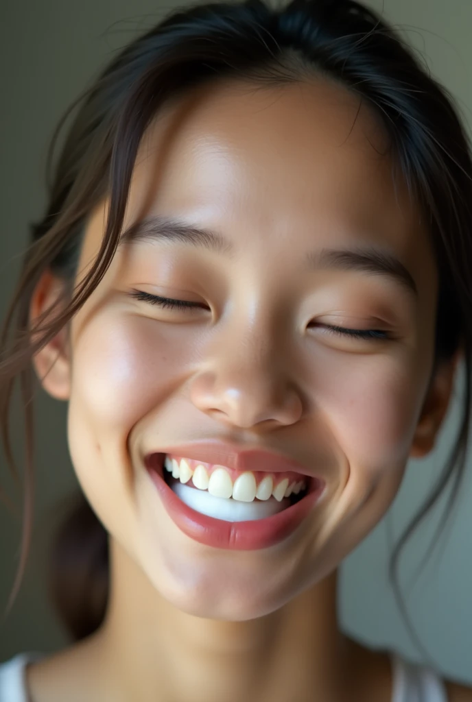 Thai woman, natural face, full lips, close eyes, wide open mouth, show tooth, milk in mouth, closeup