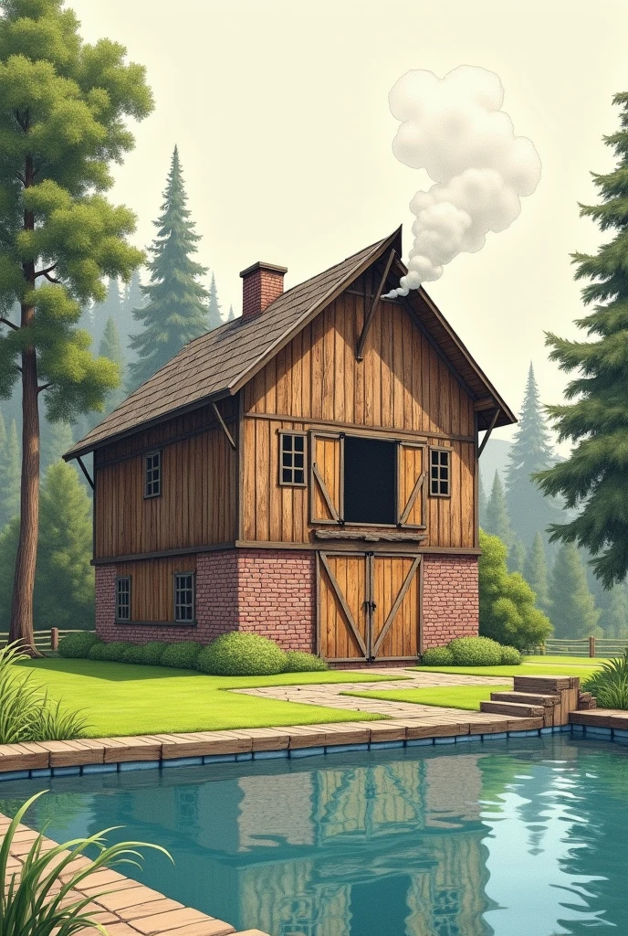 Draw in pencil as if you were a a two story wooden and brick barn with a green yard, 5 pines and a pool