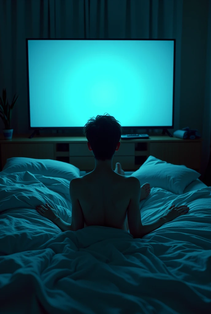 "Draw a skinny teenager lying on his bed, with a relaxed expression on his face as he looks at a large television hanging on the wall in front of him. The room is dark, with only the light from the television illuminating his face and the untidy bed. Includes details such as wrinkled sheets, Scattered pillows and a remote control lying next to him."