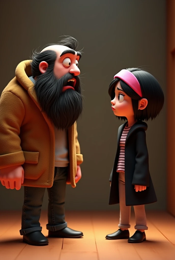 An angry man with a big beard and 1 blind eye scolding a woman with short black hair and a pink headband, black coat and striped blouse, she is sad, the floor is wooden, disney pixar style 3d.