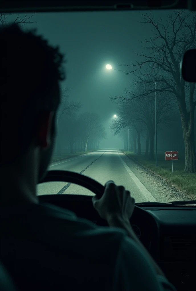 a scary story youtube thumbnail of a man driving a car at night on a deserted street, realistic, spooky, 4k --