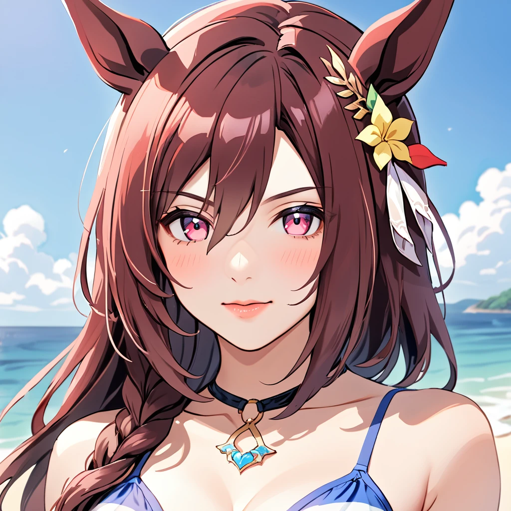 high quality,Air Groove(umamusume),Swimwear、Ocean、Horse tail、Detailed hairstyle、Detailed hair ornament、Red eyeshadow