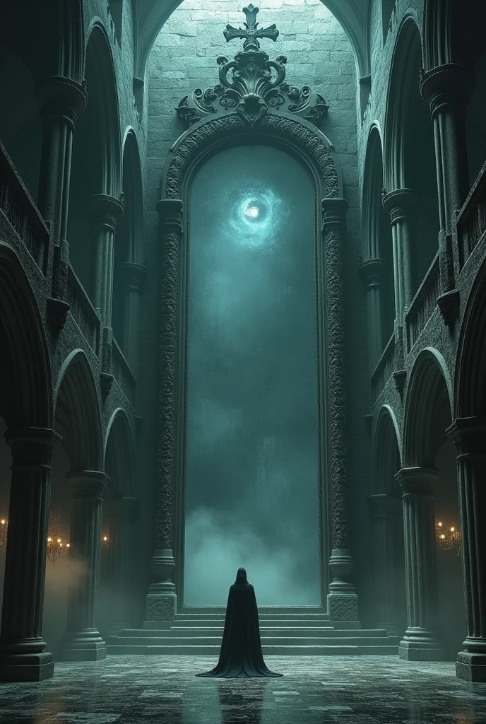 interior of a large spooky castle with a large mirror in the background
